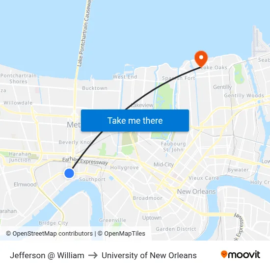 Jefferson @ William to University of New Orleans map