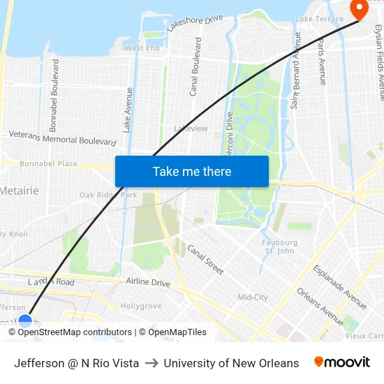 Jefferson @ N Rio Vista to University of New Orleans map