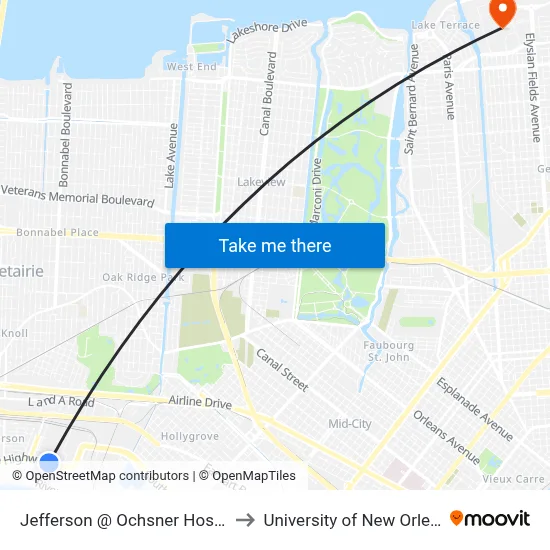 Jefferson @ Ochsner Hospital to University of New Orleans map