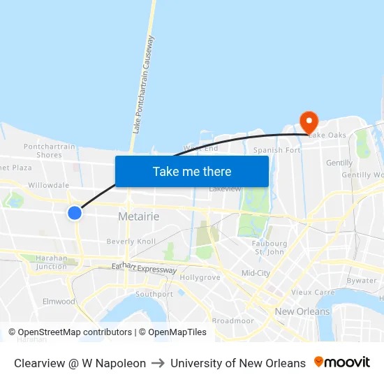 Clearview @ W Napoleon to University of New Orleans map