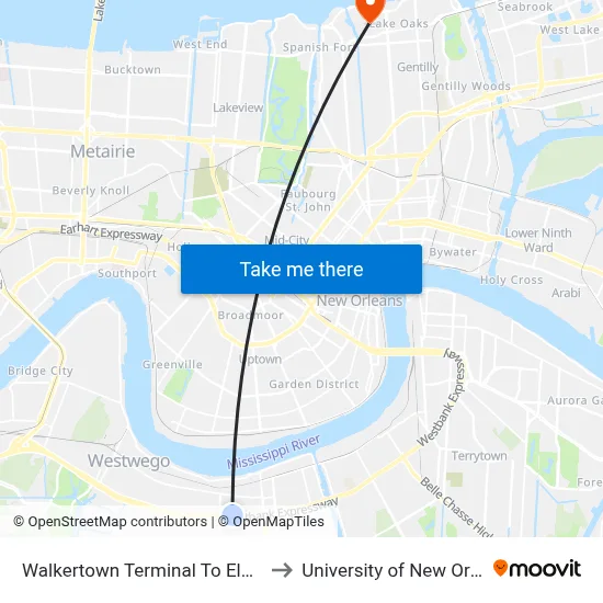 Walkertown Terminal To Elmwood to University of New Orleans map