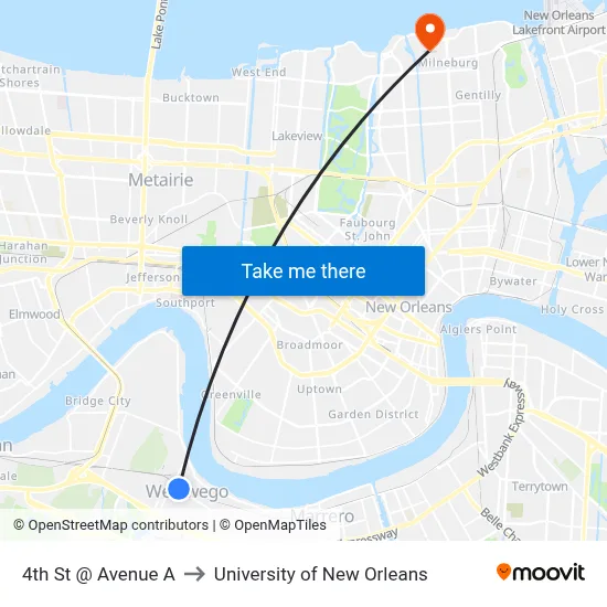 4th St @ Avenue A to University of New Orleans map