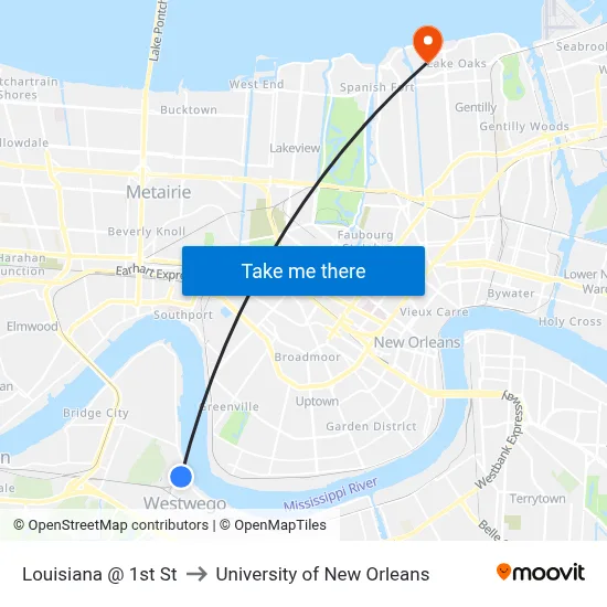 Louisiana @ 1st St to University of New Orleans map