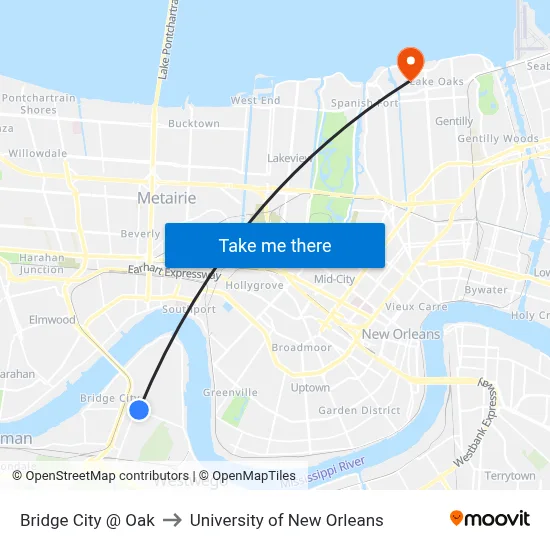 Bridge City @ Oak to University of New Orleans map