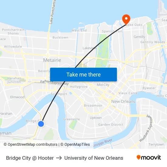 Bridge City @ Hooter to University of New Orleans map