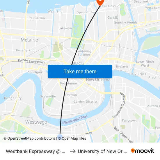 Westbank Expressway @ Ames to University of New Orleans map
