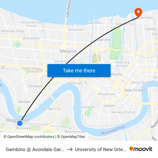 Gambino @ Avondale Garden to University of New Orleans map
