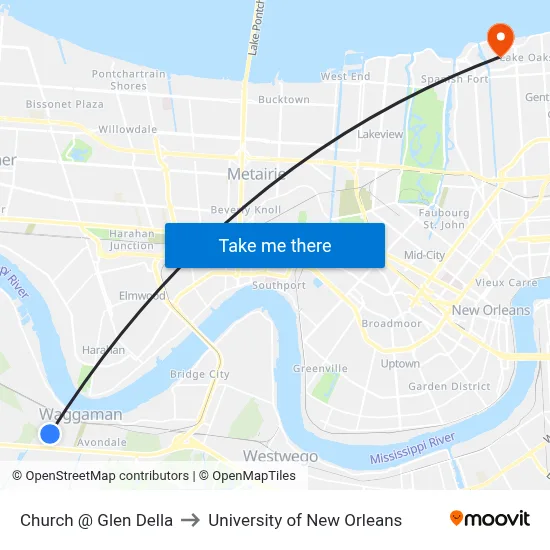 Church @ Glen Della to University of New Orleans map