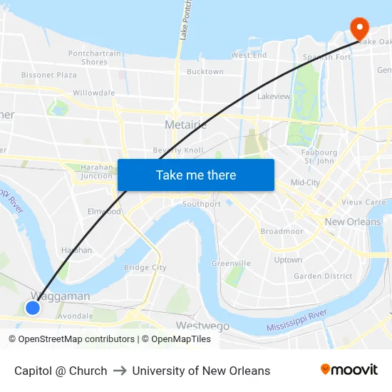 Capitol @ Church to University of New Orleans map