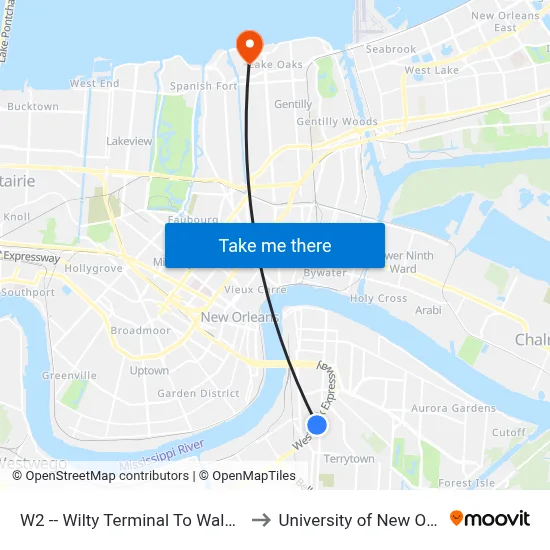W2 -- Wilty Terminal To Walkertown to University of New Orleans map