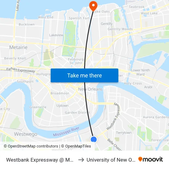 Westbank Expressway @ Manhattan to University of New Orleans map