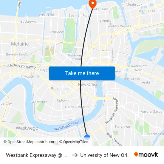 Westbank Expressway @ Brown to University of New Orleans map