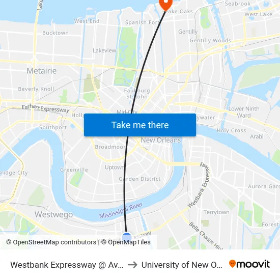 Westbank Expressway @ Avenue A to University of New Orleans map