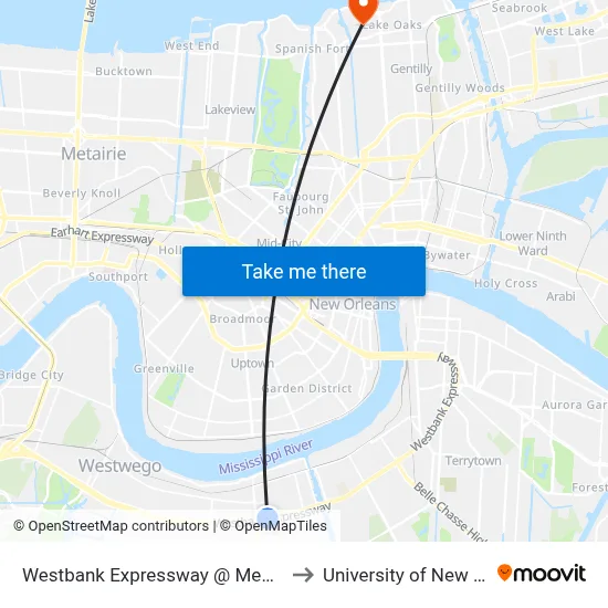 Westbank Expressway @ Medical Center to University of New Orleans map