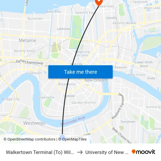 Walkertown Terminal (To) Wilty Terminal to University of New Orleans map