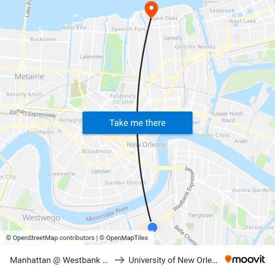 Manhattan @ Westbank Exp to University of New Orleans map