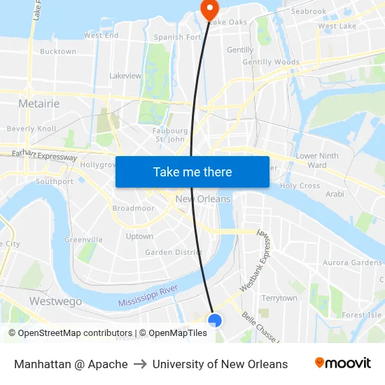 Manhattan @ Apache to University of New Orleans map