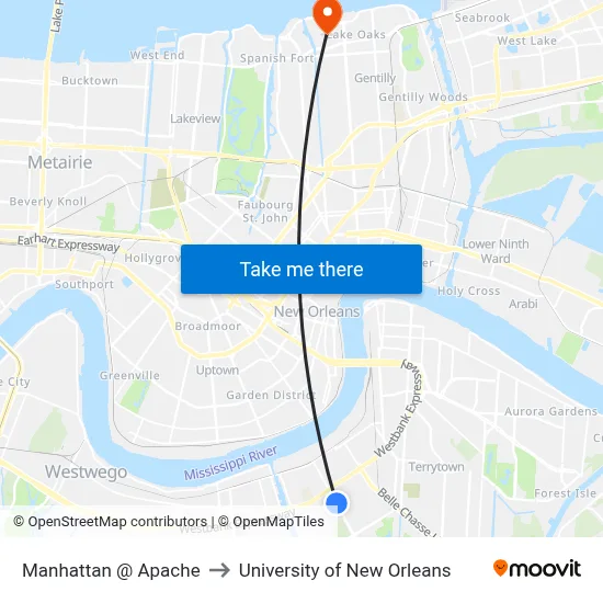 Manhattan @ Apache to University of New Orleans map