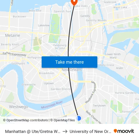 Manhattan @ Ute/Gretna Walmart to University of New Orleans map