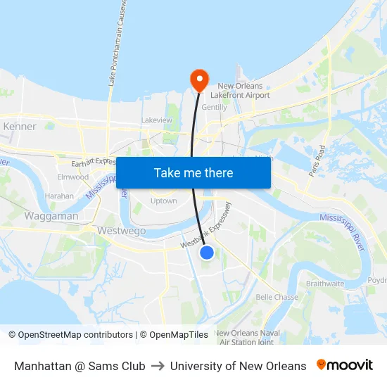 Manhattan @ Sams Club to University of New Orleans map