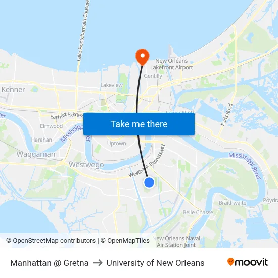 Manhattan @ Gretna to University of New Orleans map