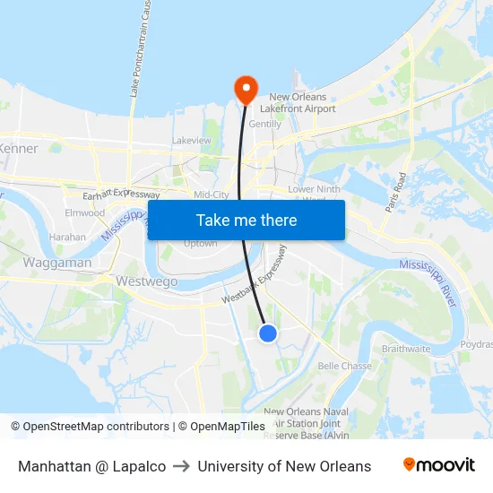 Manhattan @ Lapalco to University of New Orleans map