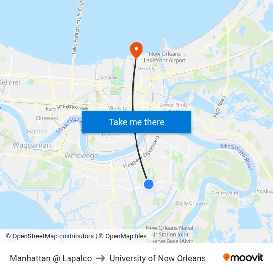 Manhattan @ Lapalco to University of New Orleans map