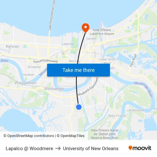 Lapalco @ Woodmere to University of New Orleans map