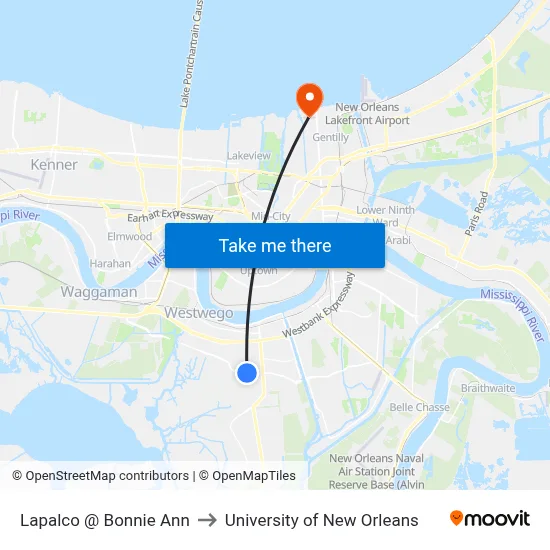 Lapalco @ Bonnie Ann to University of New Orleans map