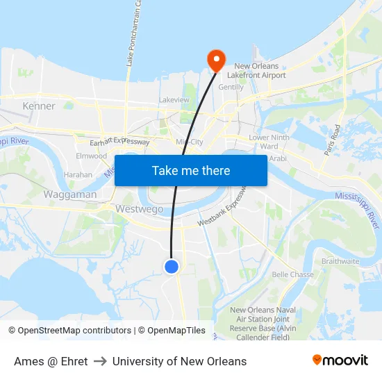 Ames @ Ehret to University of New Orleans map