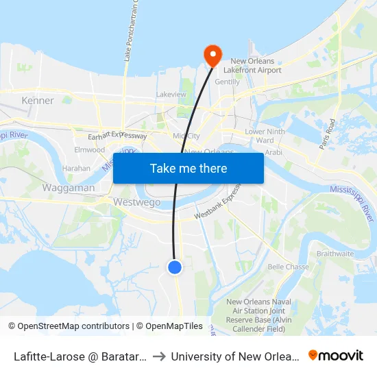 Lafitte-Larose @ Barataria to University of New Orleans map