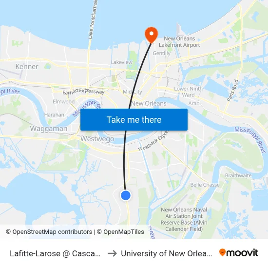 Lafitte-Larose @ Cascade to University of New Orleans map