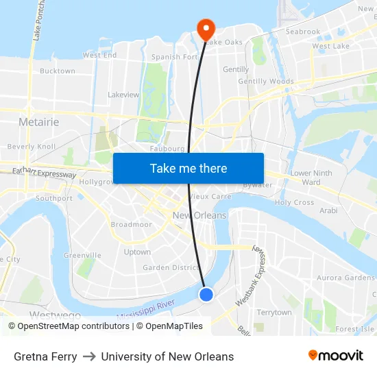 Gretna Ferry to University of New Orleans map