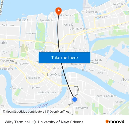 Wilty Terminal to University of New Orleans map