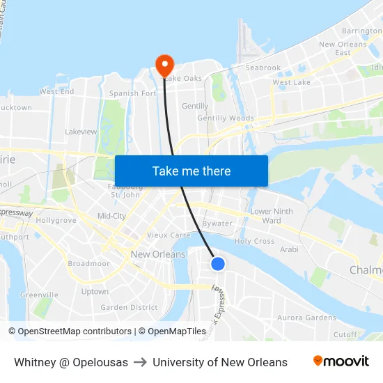 Whitney @ Opelousas to University of New Orleans map