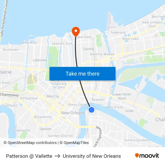 Patterson @ Vallette to University of New Orleans map