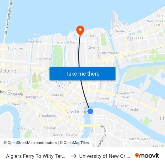 Algiers Ferry To Wilty Terminal to University of New Orleans map
