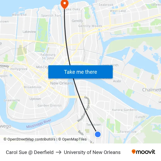 Carol Sue @ Deerfield to University of New Orleans map