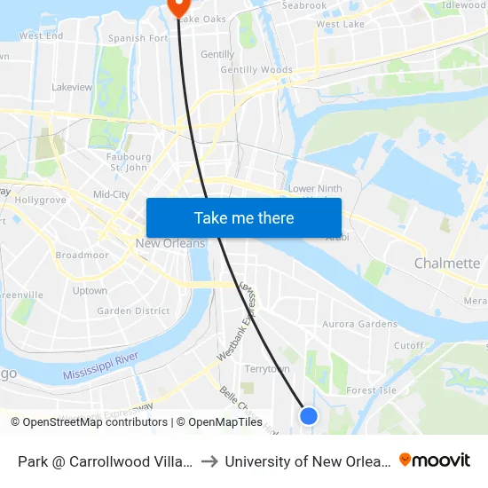 Park @ Carrollwood Village to University of New Orleans map