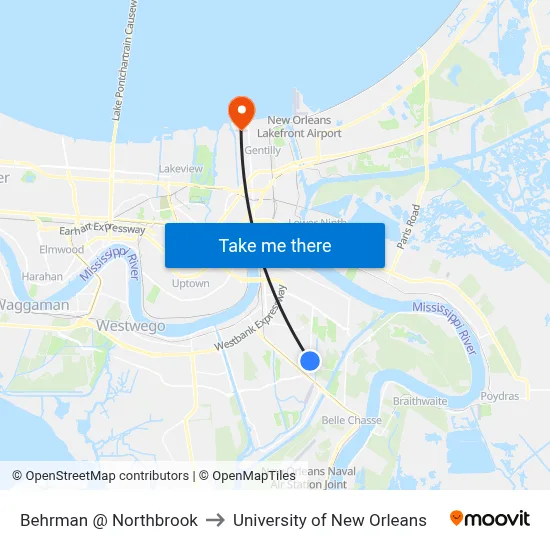 Behrman @ Northbrook to University of New Orleans map