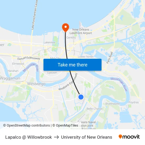 Lapalco @ Willowbrook to University of New Orleans map