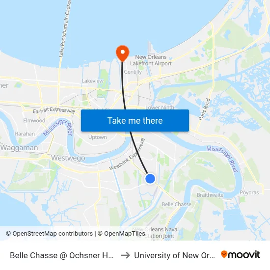 Belle Chasse @ Ochsner Hospital to University of New Orleans map