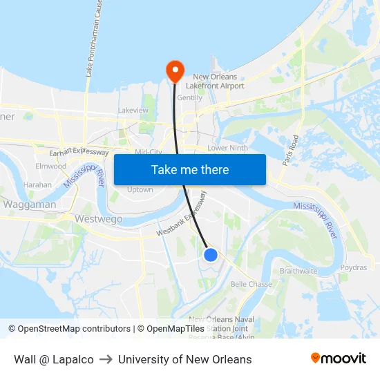 Wall @ Lapalco to University of New Orleans map