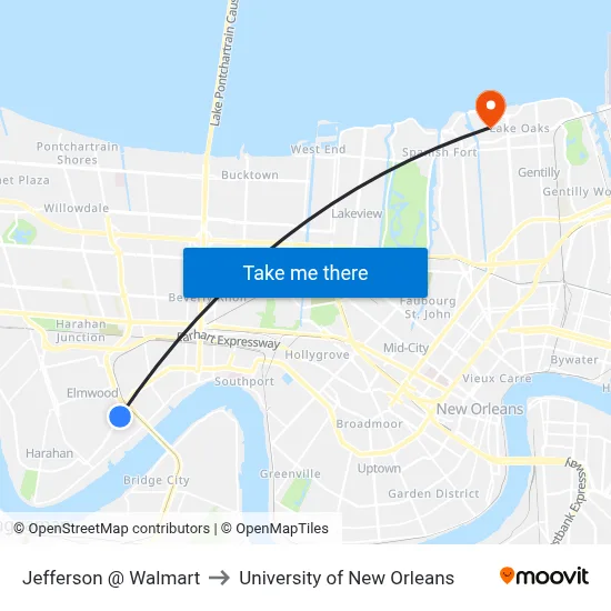 Jefferson @ Walmart to University of New Orleans map