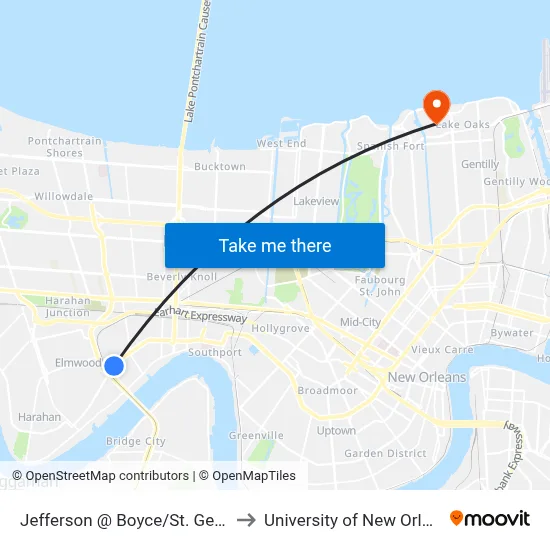 Jefferson @ Boyce/St. George to University of New Orleans map