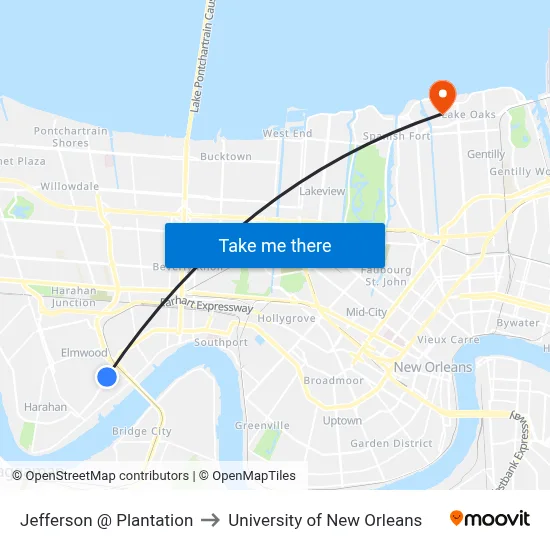 Jefferson @ Plantation to University of New Orleans map