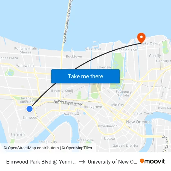 Elmwood Park Blvd @ Yenni Building to University of New Orleans map