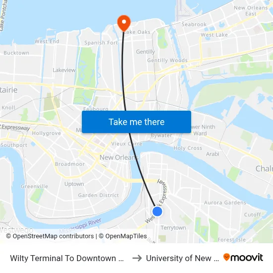 Wilty Terminal To Downtown New Orleans to University of New Orleans map
