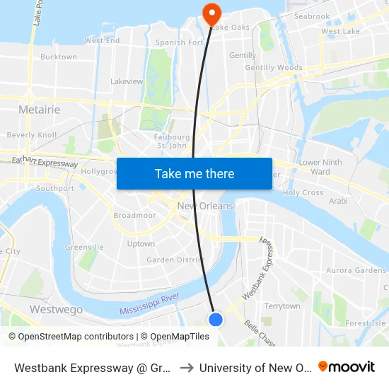 Westbank Expressway @ Green Leaf to University of New Orleans map