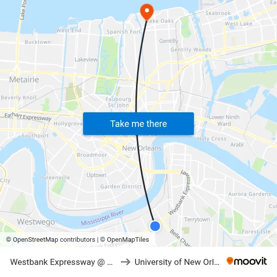 Westbank Expressway @ Claire to University of New Orleans map
